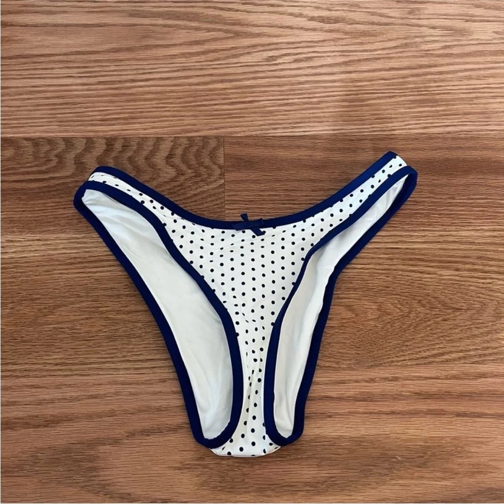 Frankie's Bikinis White Polka Dot Bikini Bottom with Navy Trim